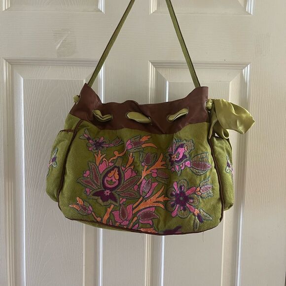 Ipa-Nima fabric green& Brown Floral embroidery medium shoulder bag bohemian look - Picture 2 of 16